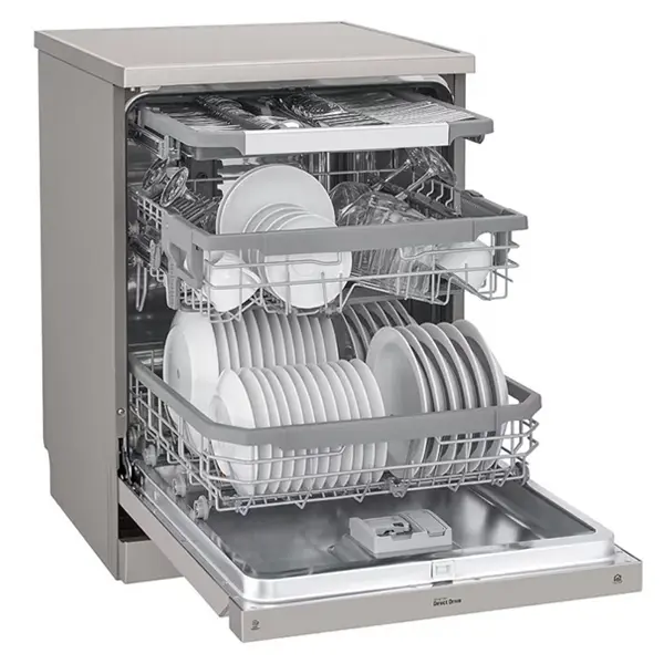 ماشین ظرفشویی 14 نفره ال جی مدل DFC435FP رنگ نقره ای پلاتینیوم با درب باز از نمای کنار