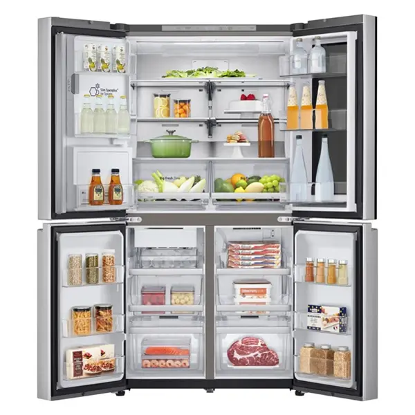 یخچال فریزر ال جی مدل GMX946NS9F رنگ نقره ای نمای داخل با قابلیت قفسه ی تاشو