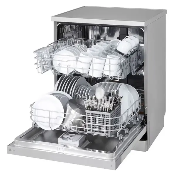 ماشین ظرفشویی ال جی مدل DFC612FV رنگ نقره ای از نمای کتار با درب باز