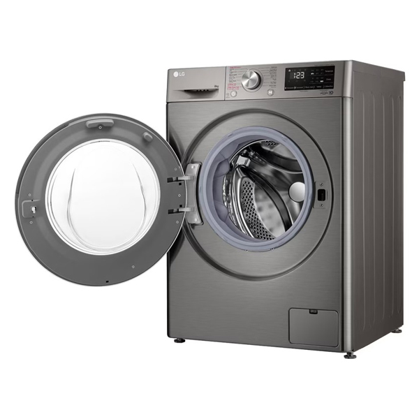 ماشین لباسشویی ال جی F4R3TYGCP رنگ نقره ای پلاتینیومی با درب باز از نمای کنار