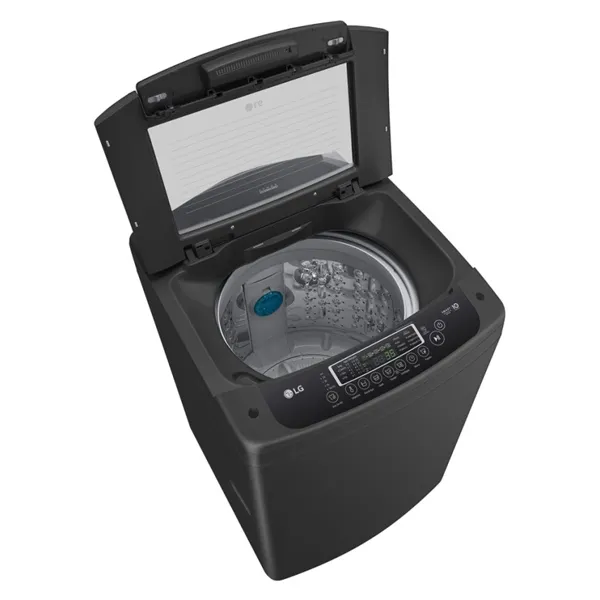 ماشین لباسشویی و پتوشور ال جی T1685NEHT2 رنگ دودی از نمای کنار با درب باز