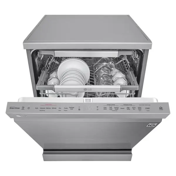 ماشین ظرفشویی سه طبقه ال جی مدل DFC335HP رنگ نقره ای پلاتینیومی با درب نیمه  باز از نمای جلو