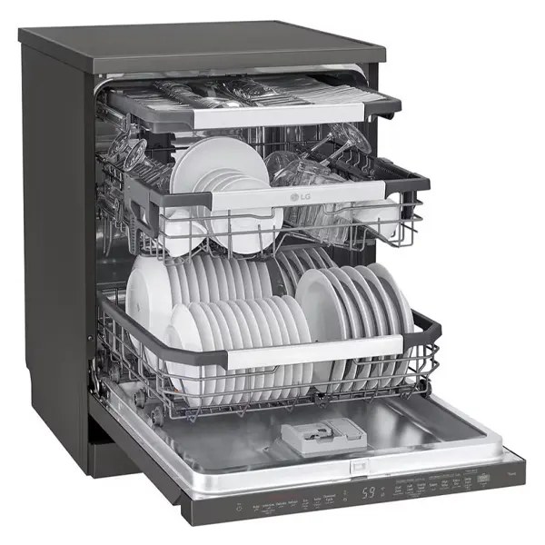 ماشین ظرفشویی ال جی مدل DFC335HD رنگ دودی با درب باز از نمای کنار