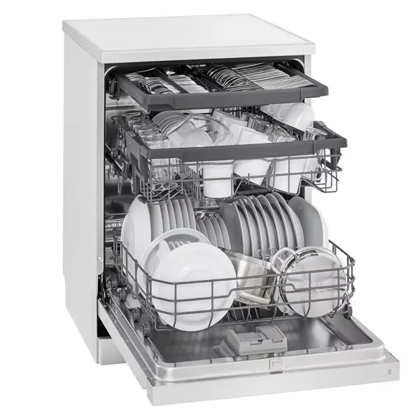 ماشین ظرفشویی 14 نفره سه طبقه ال جی مدل  DFC513W رنگ سفید با درب باز از نمای کنار