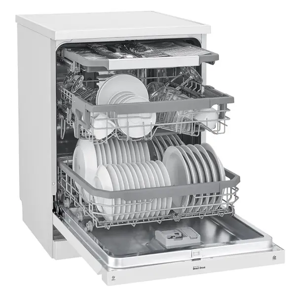 ماشین ظرفشویی 14 نفره ال جی مدل DF325FW رنگ سقید از نمای کنار با درب باز