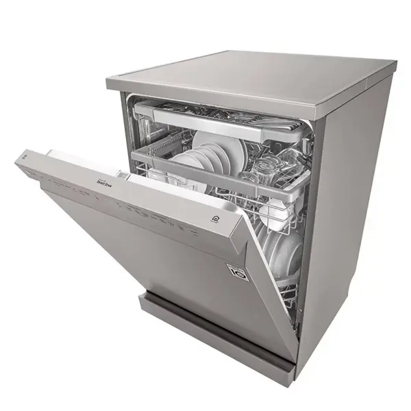 ماشین ظرفشویی ال جی DFC435FP رنگ نقره ای پلاتینیوم از نمای کنار با درب نیمه باز